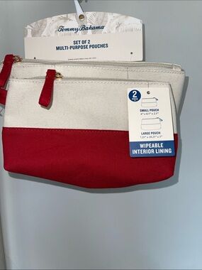 NEW Tommy Bahama Red and Cream Canvas Pouch Set of 2